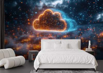 futuristic holographic display with floating cloud icon streams of blue and gold data cascading matrix of numbers and code ethereal glow in dark hightech environment Wall mural