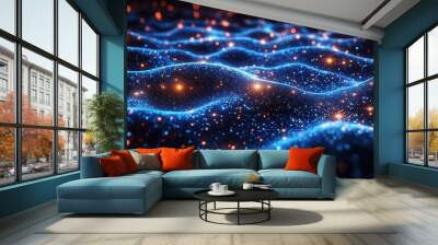 futuristic neural network visualization glowing blue neurons on dark background interconnected with pulsing energy streams Wall mural