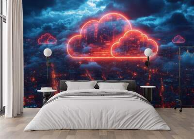 futuristic smart city concept cloud computing icons floating above sleek urban skyline digital transformation visualized Wall mural