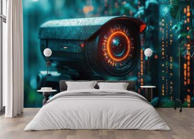 futuristic surveillance camera with glowing binary code background hightech aesthetic dark tones with neon accents cybersecurity concept Wall mural