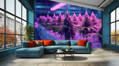 genetically modified cannabis with bioluminescent trichomes glowing buds emit a soft otherworldly light in a futuristic botany lab setting Wall mural