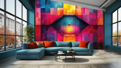 geometric kaleidoscope bold abstract grid composition featuring vibrant neon hues and intricate patterns creating a mesmerizing modern art piece Wall mural