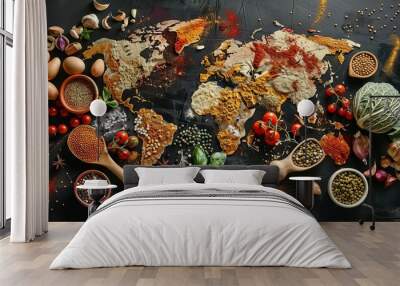 global cuisine diversity map made of food ingredients and vegetables concept illustration Wall mural