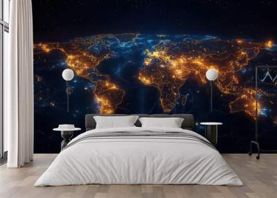 global logistics network world map with animated shipping routes cargo vessels container ports data visualization of international trade flows Wall mural