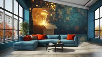 glowing light bulb idea emerging from cardboard box innovation concept illustration Wall mural