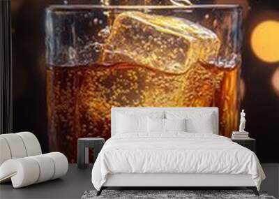 golden whiskey splashing in crystal tumbler with large ice cube suspended droplets warm amber liquid dramatic lighting against deep black background rich textures freezeframe moment Wall mural