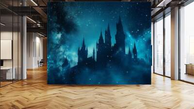 Gothic castle silhouettes with smoke surrounding the spires under a starry night Wall mural