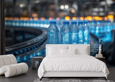 hightech beverage production line with shiny stainless steel machinery and conveyor belts closeup view of bottles being filled capped and labeled in a pristine factory setting Wall mural