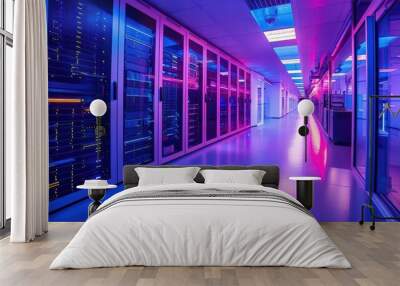 hightech data center with rows of servers and network equipment futuristic interior design with blue lighting emphasizes digital infrastructure for cloud computing and big data processing Wall mural