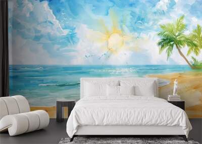 Holiday beach scene in watercolor with sun, sand, and sea Wall mural