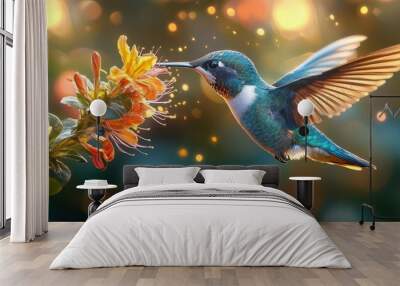 hummingbird midflight capturing nectar from a tropical flower wings frozen in motion vibrant colors against a softfocus rainforest background Wall mural