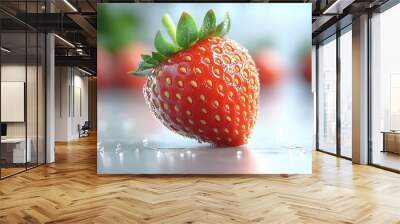 hyperrealistic 3d rendered strawberry floating in space water droplets glistening vivid red color detailed texture pure white background Wall mural