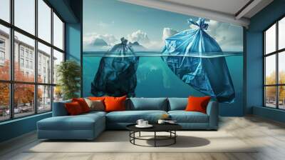 iceberg and submerged plastic bag ocean pollution concept environmental photography Wall mural