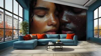 intense closeup of two diverse individuals foreheads touching eyes closed raw emotion chiaroscuro lighting emphasizing facial features Wall mural