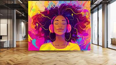 international womens day portrait happy young genz black woman listening to music colorful background digital illustration Wall mural