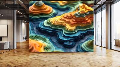 intricate 3d terrain map with vibrant colors detailed contour lines winding trails and geographic relief topographic texture with grid overlay cartographic artistry Wall mural