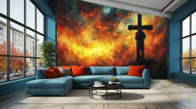 jesus on cross silhouette dramatic stormy sky golden light rays impressionist brush strokes emotional intensity Wall mural