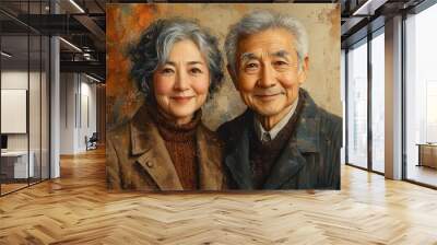 joyful senior love illustrated portrait of smiling japanese couple warm colors loose brushstrokes celebrating lifelong companionship Wall mural