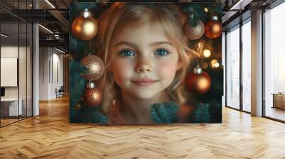 joyful young girl adorning christmas tree with colorful ornaments warm home setting twinkling lights festive atmosphere holiday spirit captured Wall mural