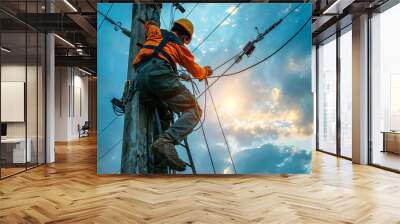 lineman working on electrical pole in uniform skilled labor and energy industry photography Wall mural