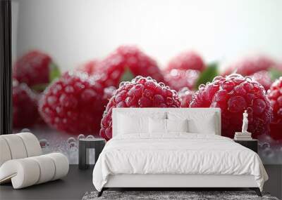 luscious red raspberries scattered artfully extreme closeup details dewdrops glistening pure white backdrop fresh and appetizing fruit composition Wall mural