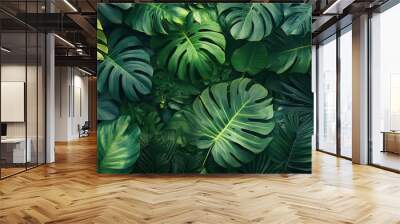 lush tropical frame with exotic foliage vibrant jungle leaves including monstera and palm create verdant border on white background botanical illustration with space for text Wall mural