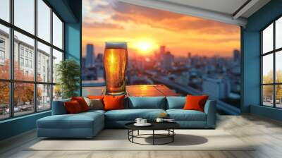 luxurious rooftop bar with refreshing beer glass bangkok skyline at sunset lifestyle photography Wall mural