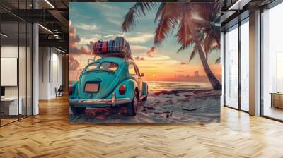 Luxury car with luggage on tropical beach at sunset, vintage travel postcard concept Wall mural