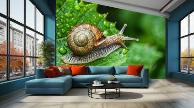 macro closeup of snail on leaf with intricate hole patterns nature photography concept Wall mural