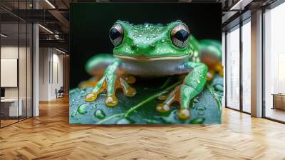 macro nature photography vibrant green tree frog on rainkissed leaf glistening water droplets razorsharp detail vivid colors bokeh background celebration of biodiversity Wall mural