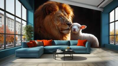 majestic lion and gentle lamb in harmonious companionship dramatic chiaroscuro lighting on black background symbolic peace and strength united Wall mural