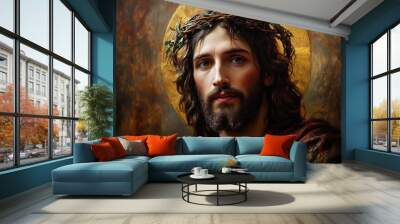 majestic portrait of jesus christ with a radiant halo depicted in a renaissance style soft ethereal light and rich colors convey divine presence and spiritual enlightenment Wall mural