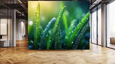 mesmerizing macro of morning dew crystalline droplets cling to emerald grass blades refracted light creates miniature worlds within each sphere hyperdetailed nature closeup Wall mural