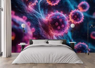 microscopic virus cells vibrant red and blue color scheme scientific illustration style cellular details abstract background Wall mural