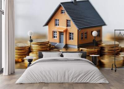 miniature house atop a stack of gold coins against a white background conceptual image of property investment and financial growth Wall mural