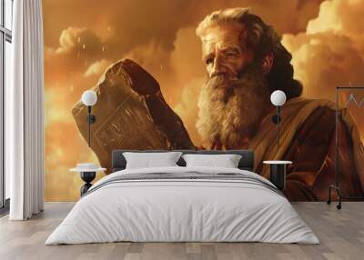 moses holding the ten commandments stone tablets biblical character illustration with blurred background Wall mural