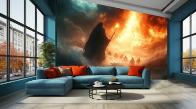 moses parting the red sea dramatic stormy sky glowing staff fleeing israelites epic biblical scene Wall mural