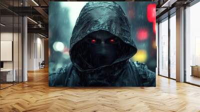 mysterious anime guy in hood face obscured urban nightscape moody lighting edgy style hints of rebellion shadowy figure with intriguing aura blend of realism and stylization Wall mural