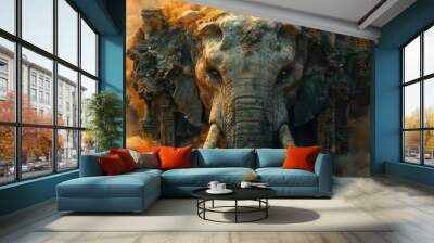 mystical digital artwork blending elephant face with ancient ruins creating a haunting fusion of nature and lost civilization Wall mural