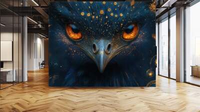 mystical tarotinspired illustration majestic emu with iridescent feathers and intricate patterns vibrant jewel tones and gold accents surrounded by magical symbols and fortunetelling elements Wall mural