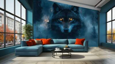 mystical wolf portrait piercing eyes starry night sky misty forest moonlit silhouette Wall mural