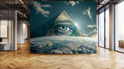 ominous illuminati eye pyramid looms over globe symbolizing conspiracy theories and new world order conceptual image Wall mural