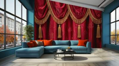 opulent red velvet theater curtains with gold tassels dramatic lighting creating depth and shadows atmosphere of anticipation and performance Wall mural