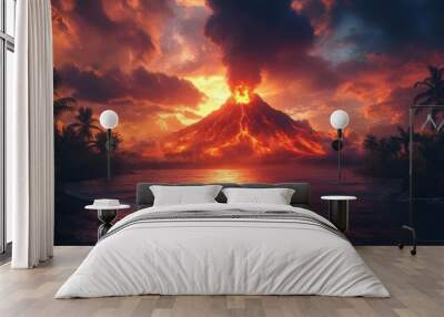 paradise island with erupting volcano fiery lava flows meeting turquoise ocean lush tropical vegetation dramatic sunset sky natures raw power Wall mural