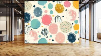 playful geometric pattern colorful circles and doodles childlike style seamless design pastel palette whimsical background Wall mural