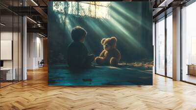 poignant childhood scene lonely boy with teddy bear in shadowy abandoned room atmospheric lighting emotional Wall mural