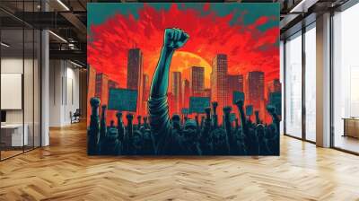 powerful labor protest diverse crowd with raised fists bold protest signs urban backdrop dynamic composition Wall mural