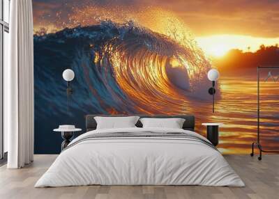 powerful ocean wave cresting at golden hour translucent aqua water fine sea spray sun glinting off surface serene seascape Wall mural