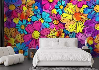 psychedelic flower power background colorful tiedye daisies retro hippie illustration Wall mural