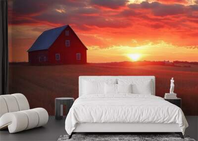 rural silhouette panorama sweeping silhouette of farmland at golden hour featuring iconic barn grazing animals and tractor against a vibrant sunset sky Wall mural